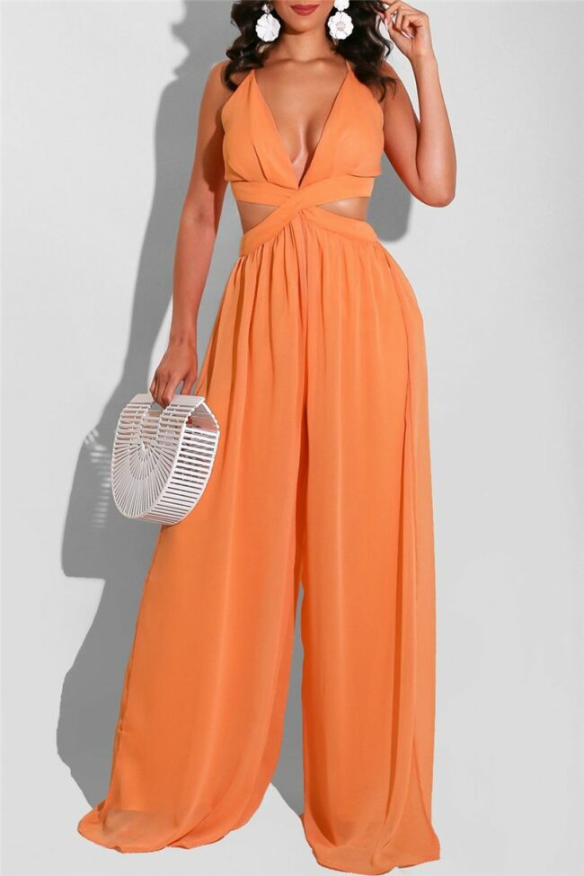 Sexy Casual Solid Backless V Neck Regular Jumpsuits