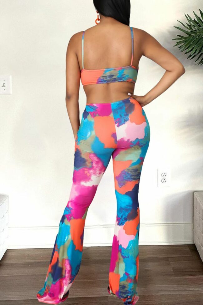 Sexy Print Hollowed Out Spaghetti Strap Boot Cut Jumpsuits