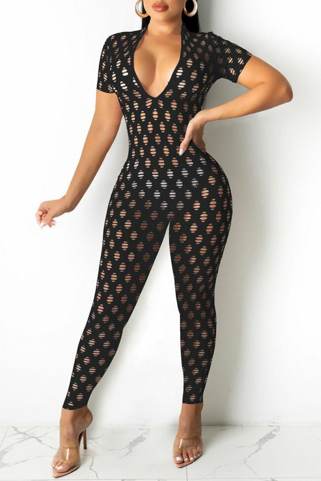 Fashion Sexy Solid Hollowed Out See-through V Neck Skinny Jumpsuits