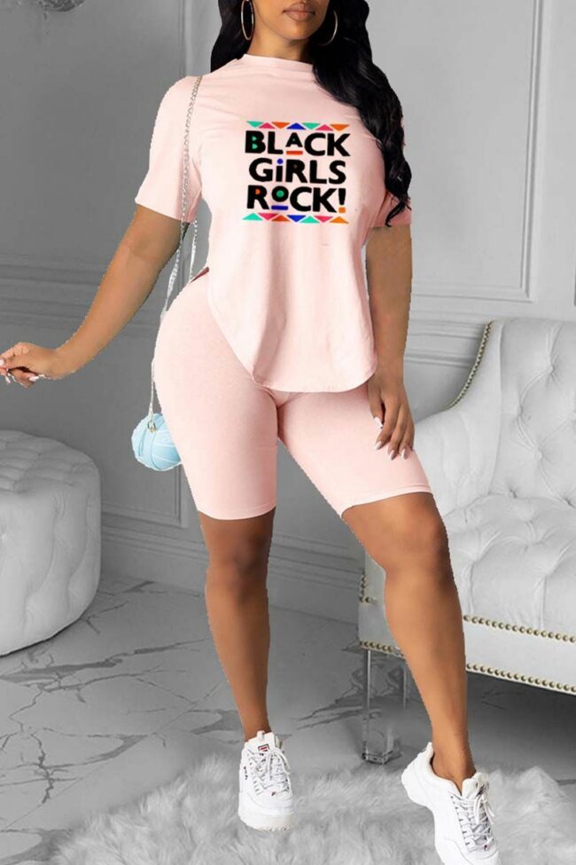 Fashion Casual Letter Print Slit O Neck Short Sleeve Two Pieces