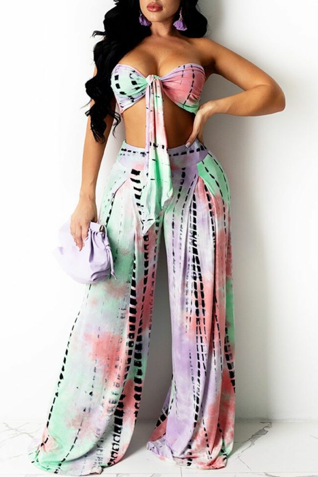 Sexy Gradual Change Tie-dye Backless Halter Sleeveless Two Pieces