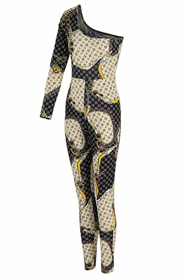 Sexy Print Split Joint One Shoulder Skinny Jumpsuits