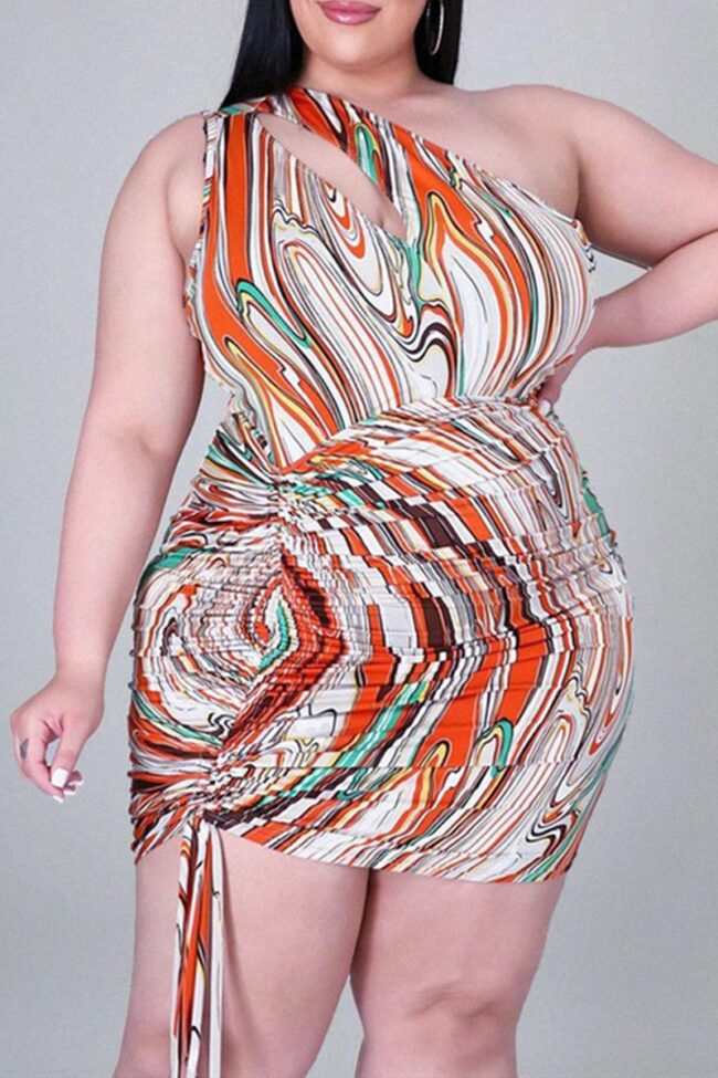 Fashion Plus Size Print Hollowed Out Fold One Shoulder Sleeveless Dress
