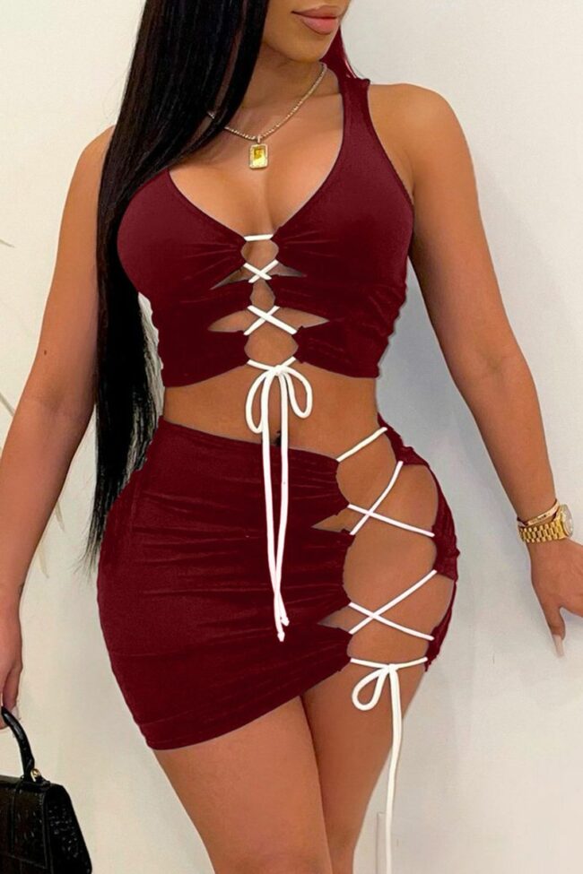 Sexy Solid Draw String U Neck Sleeveless Two Pieces