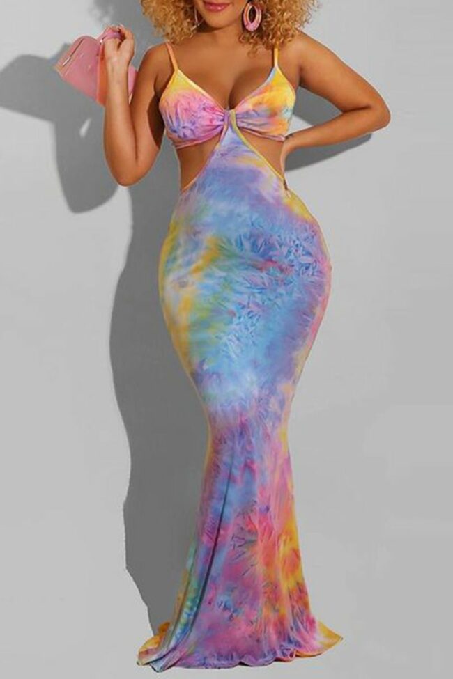 Fashion Sexy Print Tie Dye Backless Spaghetti Strap Sleeveless Dress