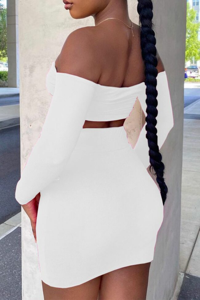 Sexy Solid Hollowed Out Off the Shoulder Long Sleeve Two Pieces