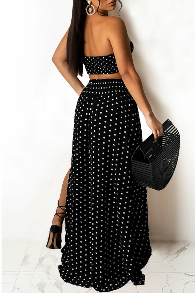Fashion Sexy Dot Print Backless Slit Strapless Sleeveless Two Pieces