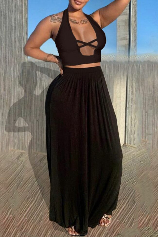 Sexy Casual Solid Hollowed Out Backless Halter Sleeveless Two Pieces