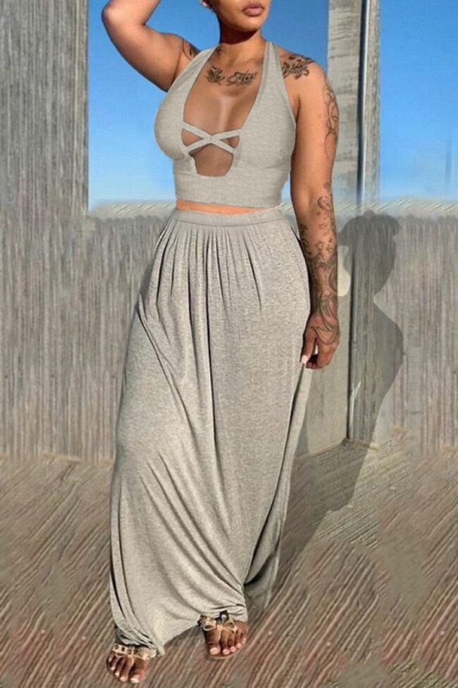 Sexy Casual Solid Hollowed Out Backless Halter Sleeveless Two Pieces