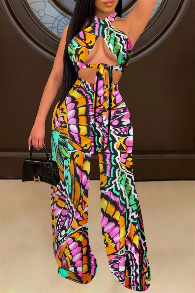 Fashion Sexy Print Backless Strap Design Strapless Sleeveless Two Pieces