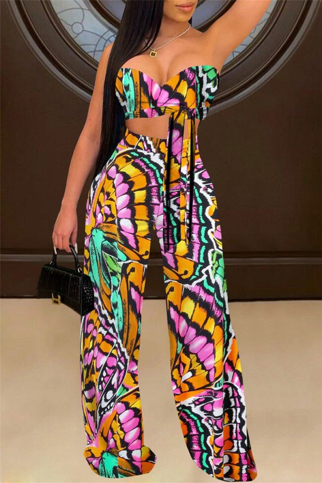 Fashion Sexy Print Backless Strap Design Strapless Sleeveless Two Pieces
