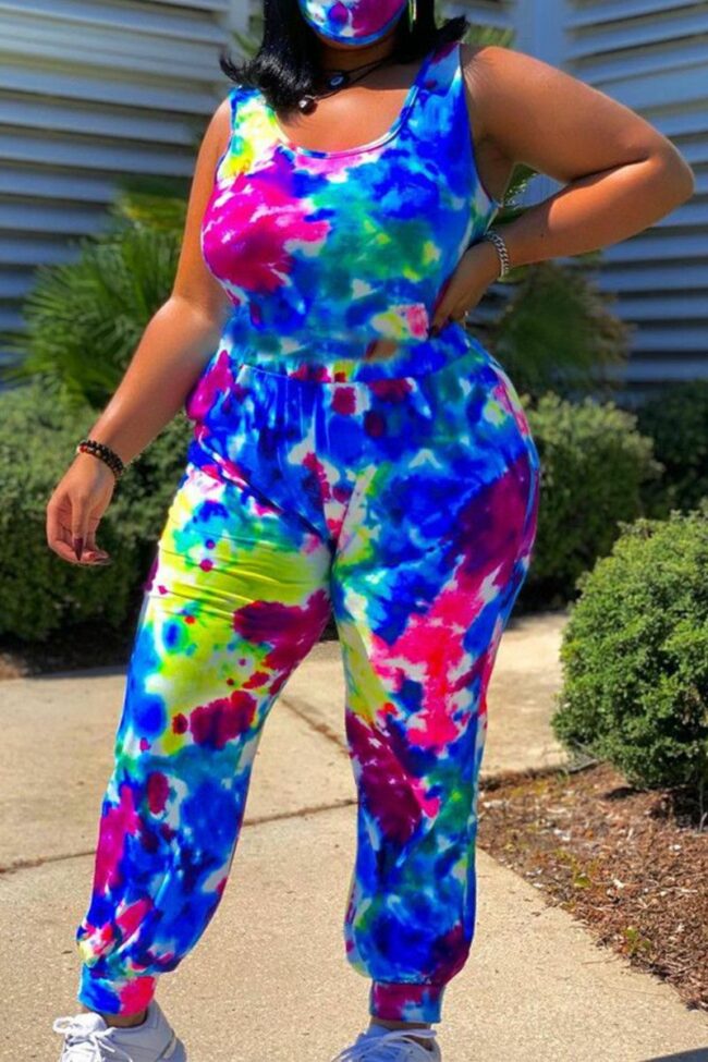 Fashion Casual Tie Dye Printing O Neck Plus Size Jumpsuits