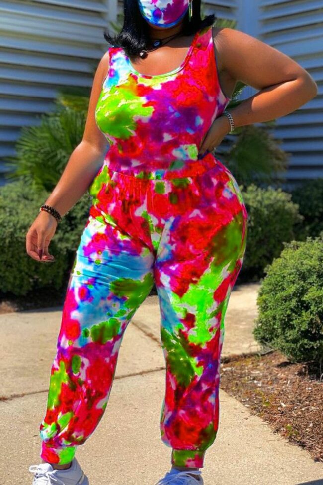 Fashion Casual Tie Dye Printing O Neck Plus Size Jumpsuits