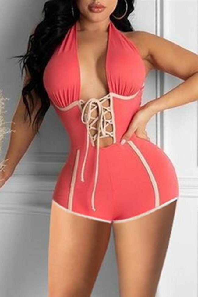 Fashion Sexy Solid Split Joint Backless Spaghetti Strap Skinny Romper