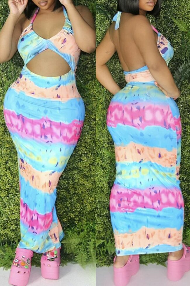Fashion Sexy Print Hollowed Out Backless Halter Long Dress