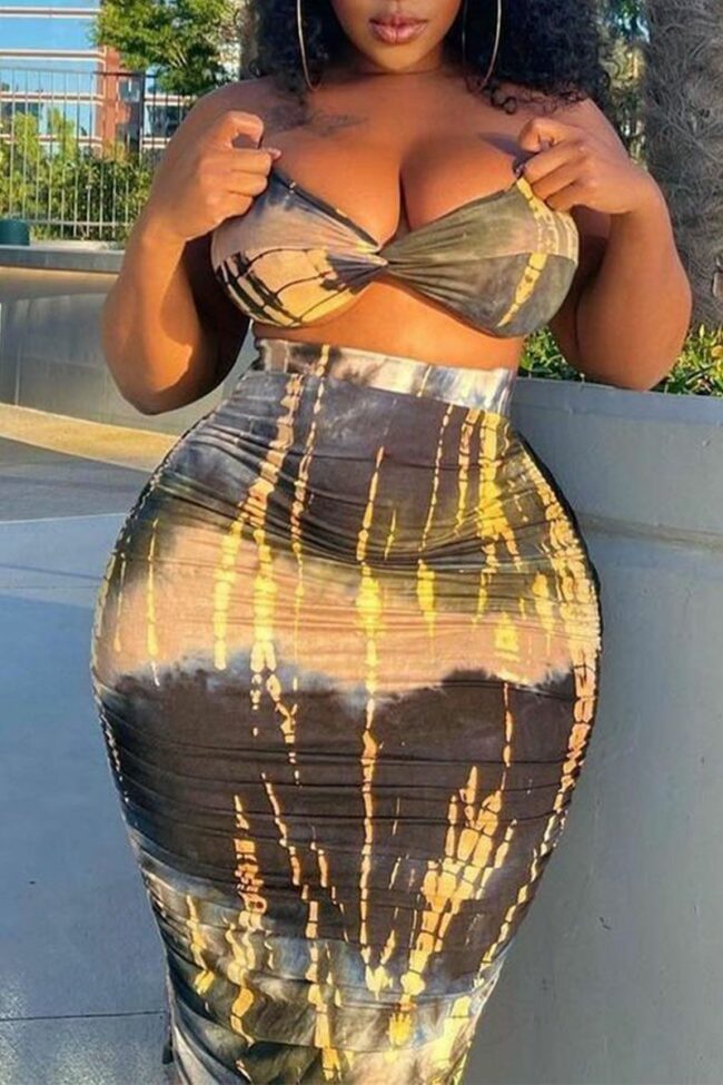 Sexy Print Split Joint Strapless Pencil Skirt Plus Size Two Pieces