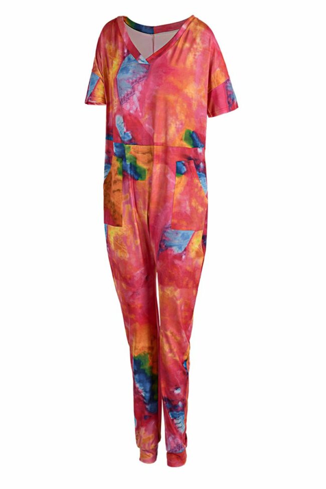 Fashion Casual Print Tie-dye V Neck Loose Jumpsuits