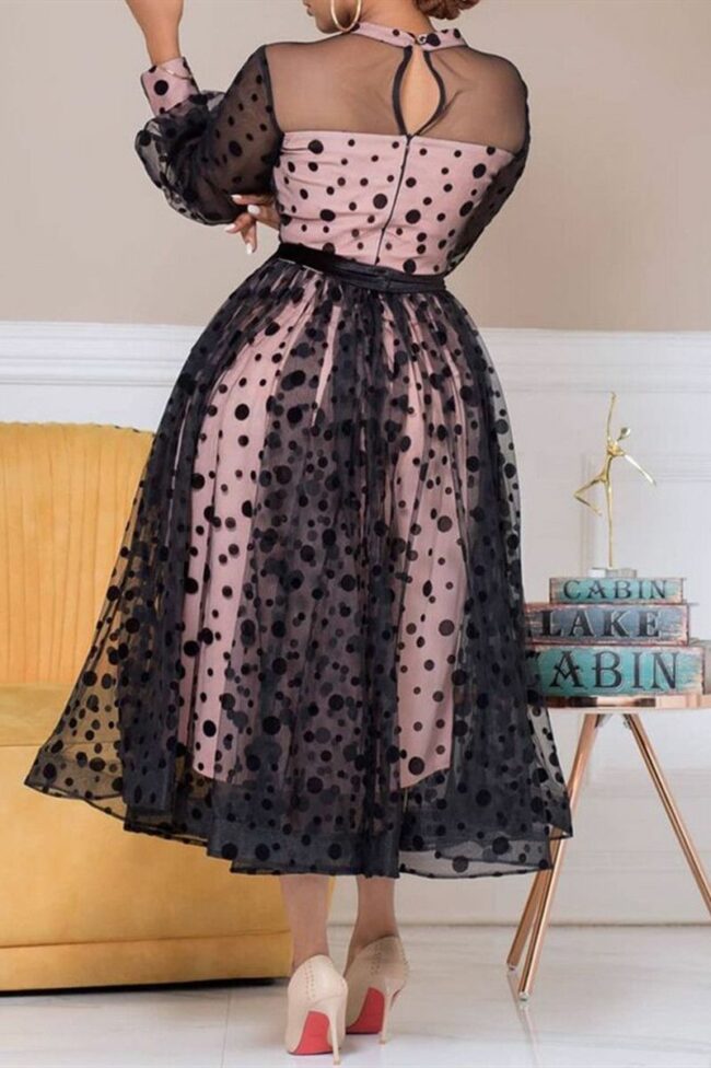 Fashion Sexy Patchwork Dot See-through O Neck Long Sleeve Dresses