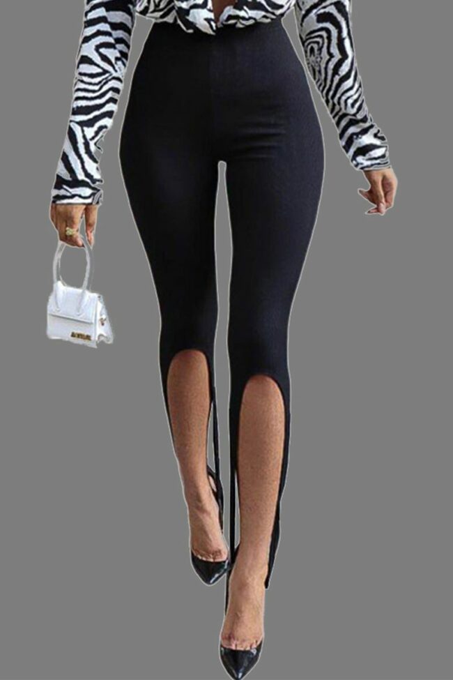 Casual Solid Hollowed Out Skinny High Waist Pencil Solid Color Bottoms