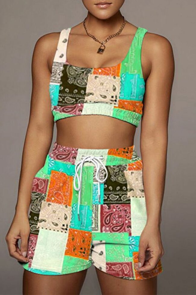 Sexy Print Split Joint Square Collar Sleeveless Two Pieces