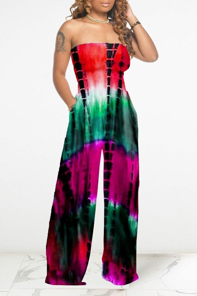 Sexy Patchwork Tie-dye Strapless Loose Jumpsuits