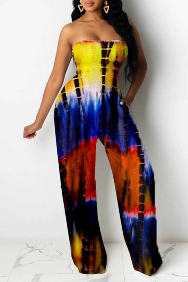 Sexy Patchwork Tie-dye Strapless Loose Jumpsuits