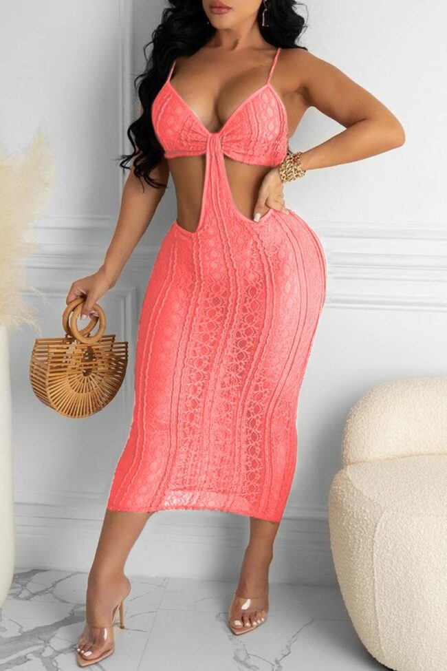 Sexy Solid Hollowed Out Spaghetti Strap Pencil Skirt Dresses