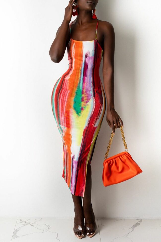 Fashion Sexy Print Backless Slit Spaghetti Strap Sleeveless Dress