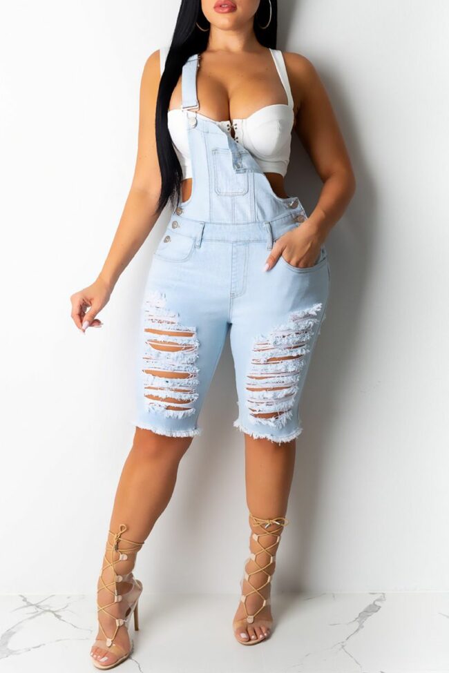 Casual Solid Ripped Square Collar Skinny Jumpsuits