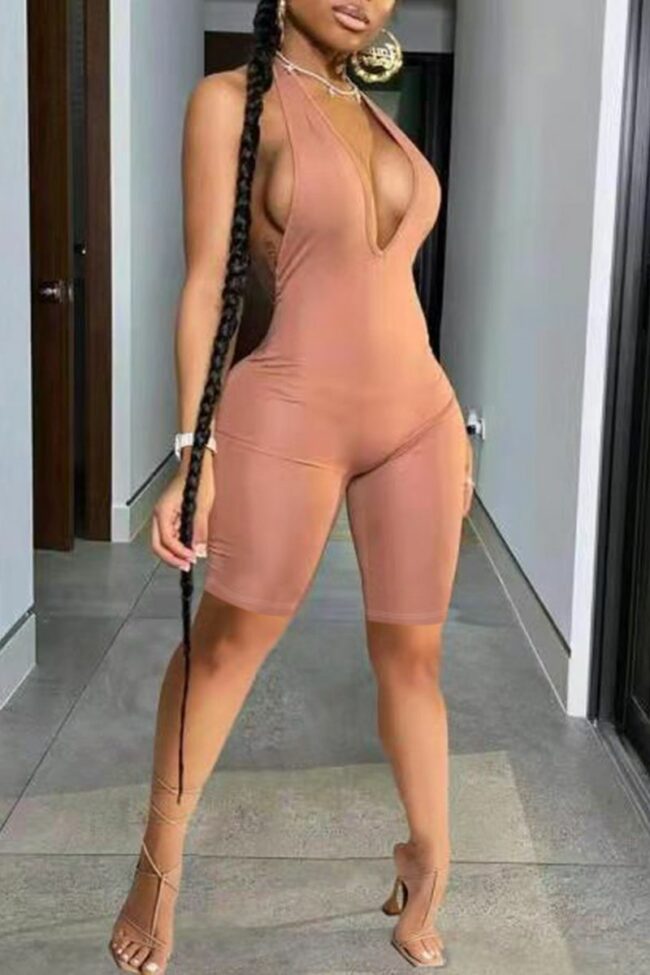 Sexy Casual Solid Backless Halter Sleeveless Skinny Romper