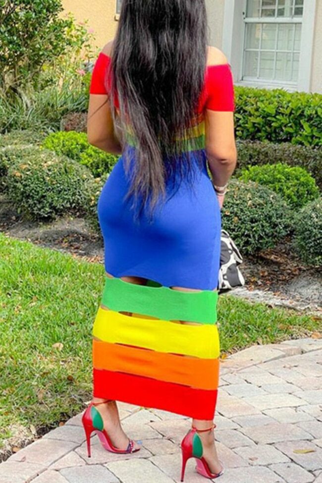 Sexy Patchwork Hollowed Out Backless Off the Shoulder Short Sleeve Dress