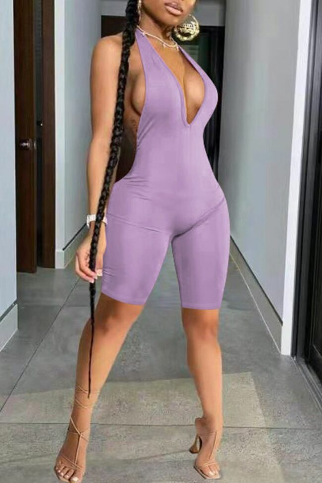 Sexy Casual Solid Backless Halter Sleeveless Skinny Romper