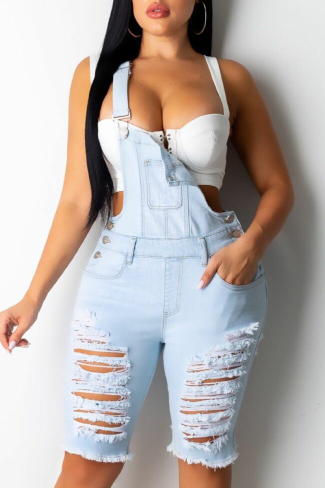 Casual Solid Ripped Square Collar Skinny Jumpsuits