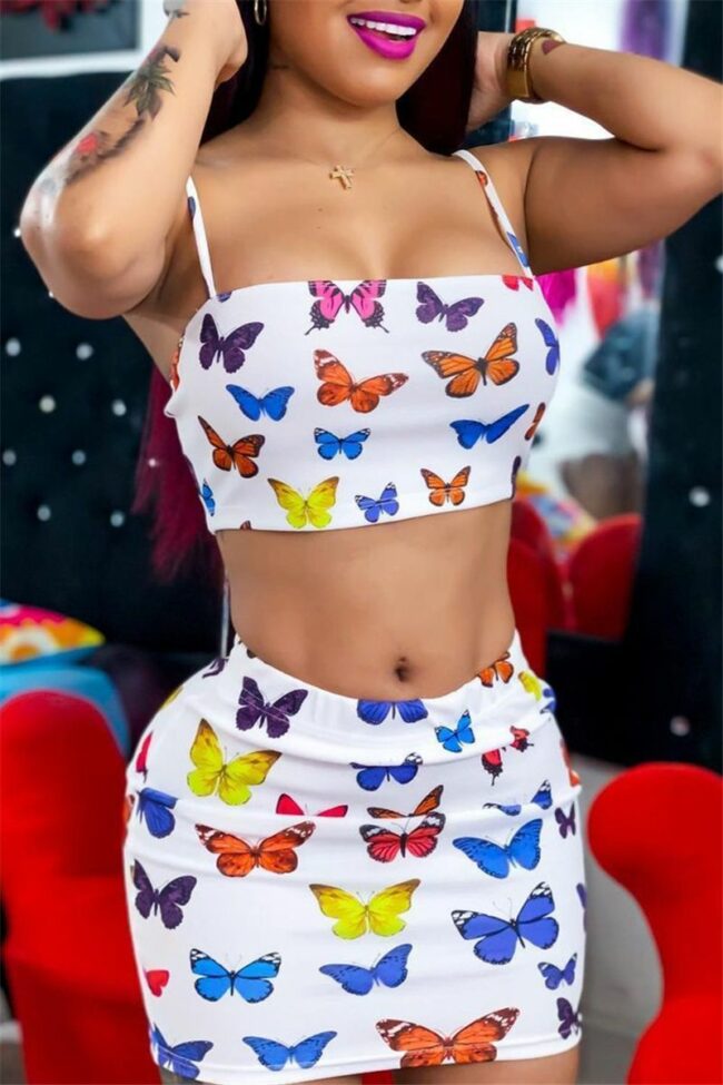 Fashion Sexy Butterfly Print Backless Square Collar Sleeveless Two Pieces