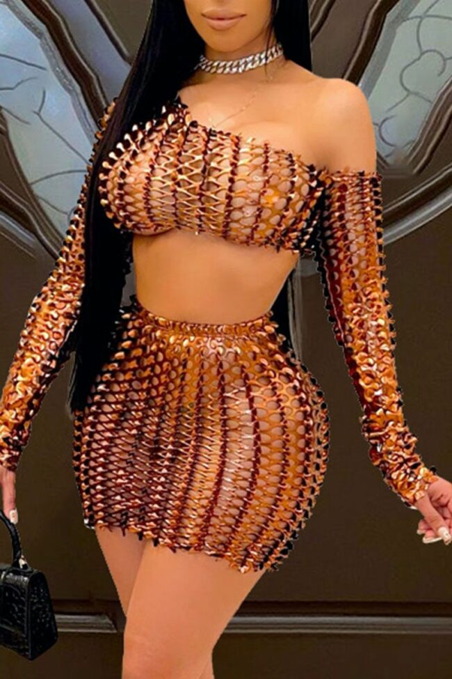 Sexy Solid Ripped Hollowed Out One Shoulder Long Sleeve Two Pieces