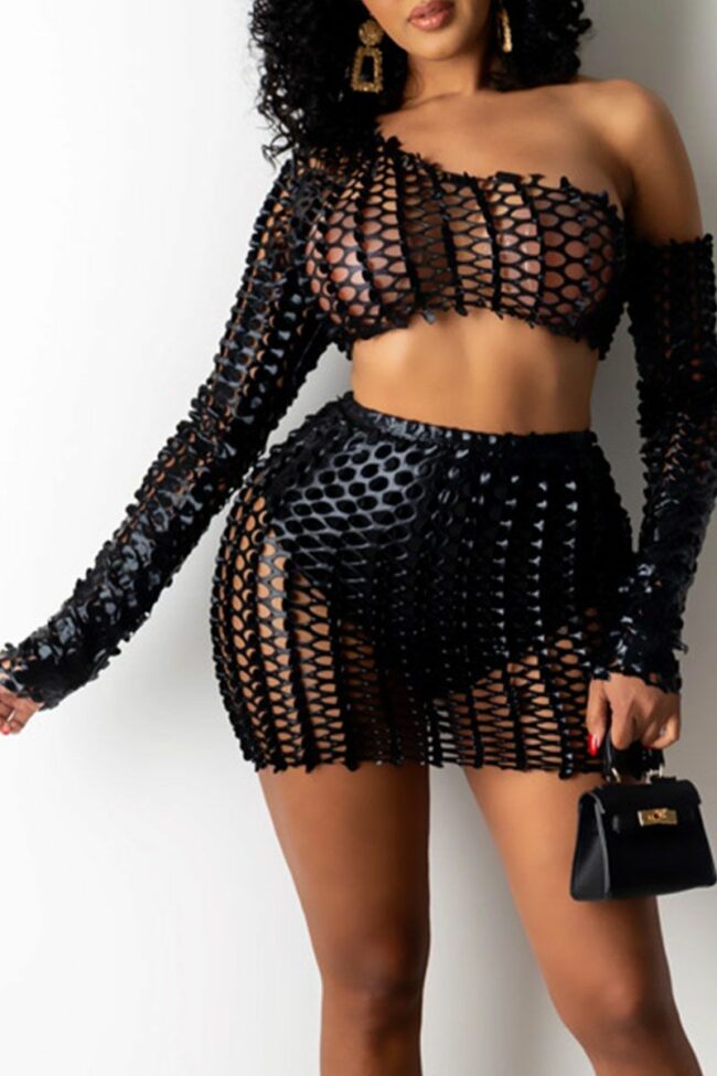 Sexy Solid Ripped Hollowed Out One Shoulder Long Sleeve Two Pieces