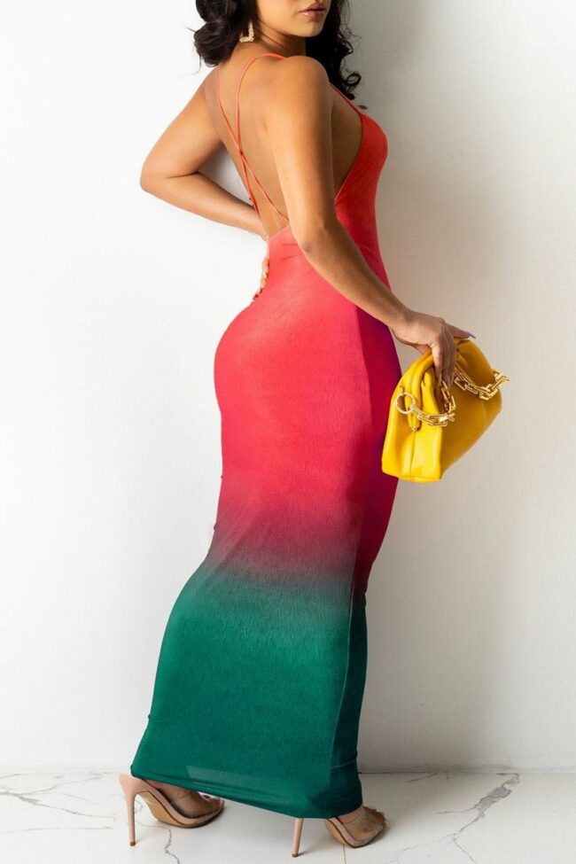 Sexy Gradual Change Print Backless Spaghetti Strap Sleeveless Dress