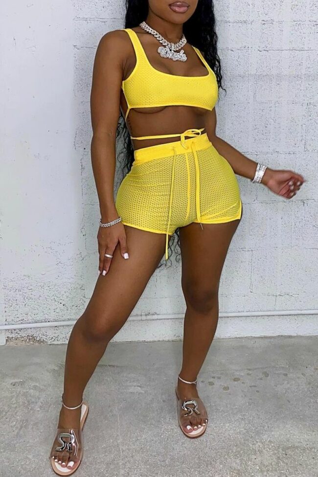 Sexy Solid Mesh U Neck Sleeveless Two Pieces