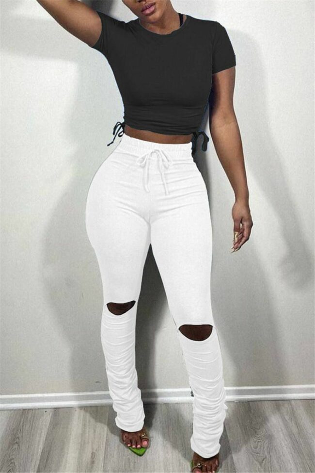 Fashion Casual Solid Ripped Fold Regular Mid Waist Trousers