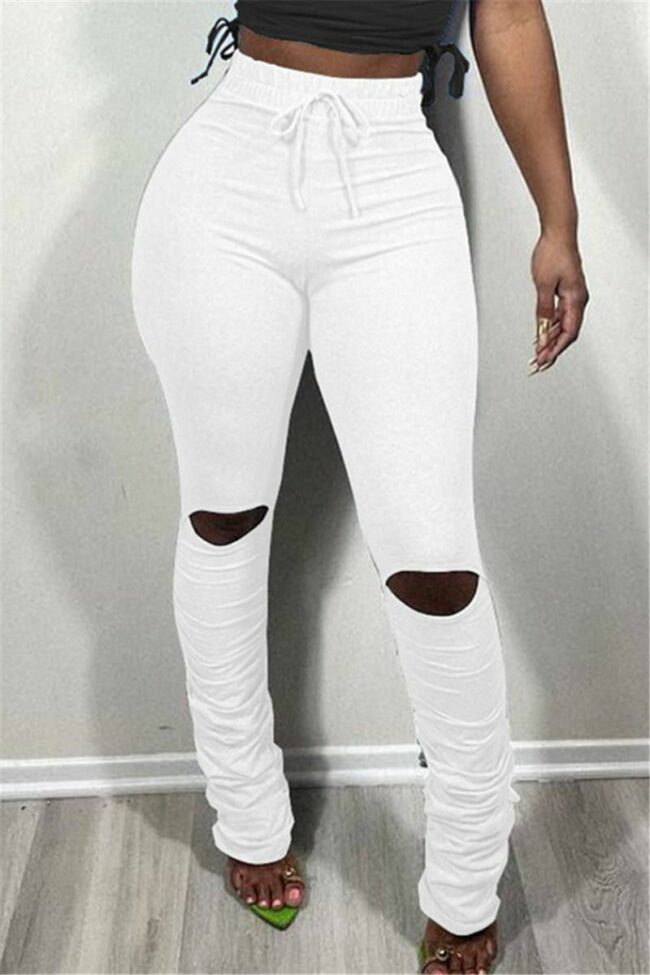 Fashion Casual Solid Ripped Fold Regular Mid Waist Trousers