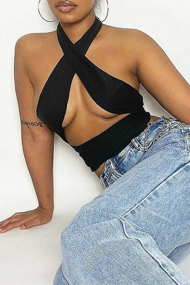 Sexy Casual Solid Hollowed Out Backless Halter Tops