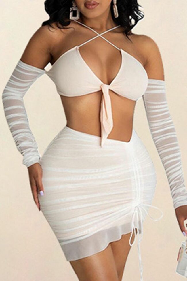 Sexy Solid Hollowed Out Strap Design Halter Sleeveless Two Pieces