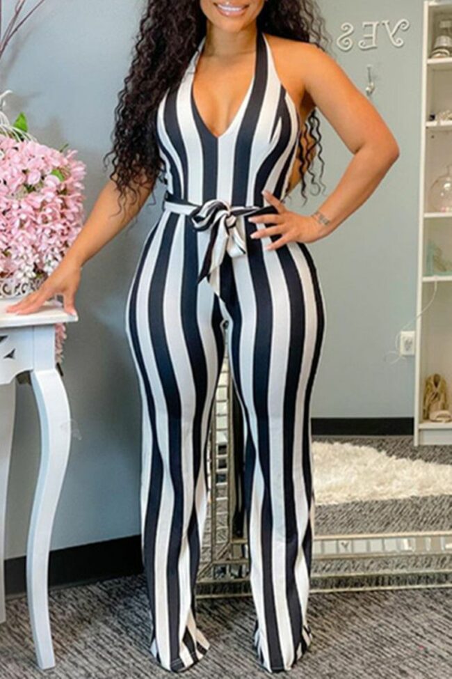 Sexy Casual Striped Print Backless Halter Regular Jumpsuits