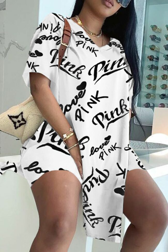 Fashion Casual Letter Print Slit V Neck Short Sleeve Two Pieces