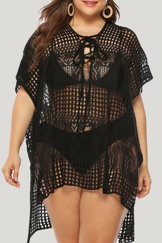 Sexy Solid Hollowed Out See-through Strap Design V Neck Plus Size Beach Dress