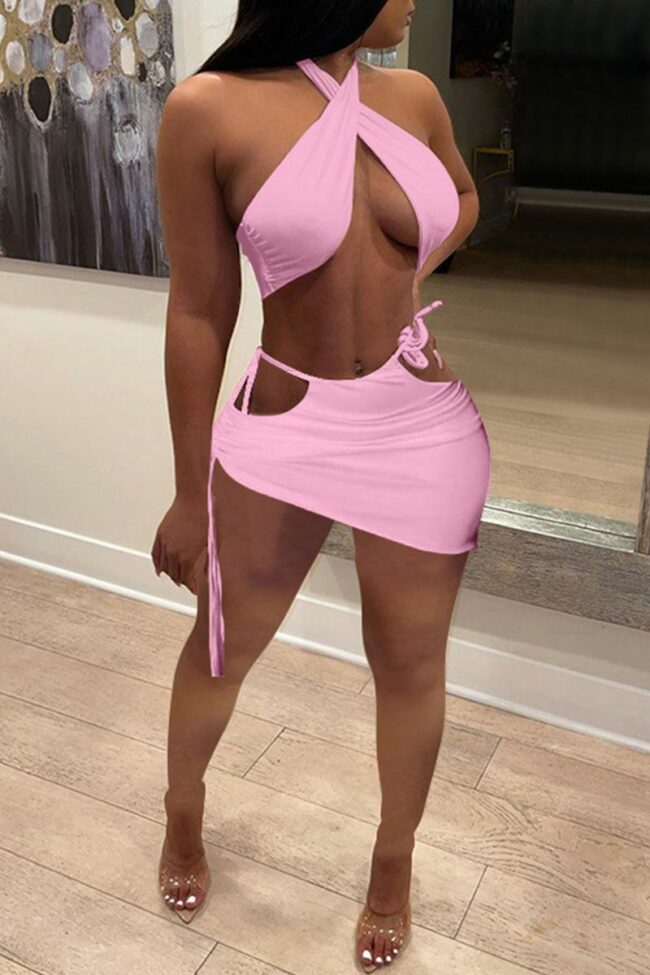 Sexy Solid Bandage Draw String Backless Halter Sleeveless Two Pieces