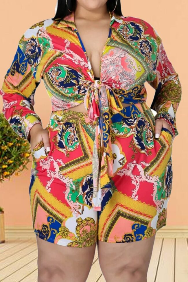 Sexy Print Split Joint V Neck Plus Size Two Pieces