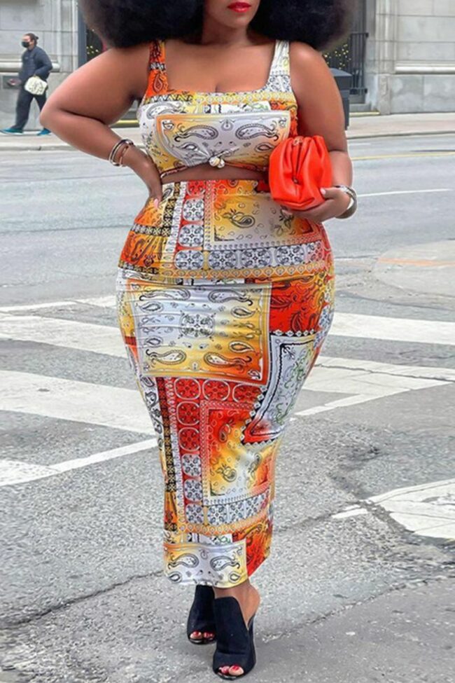 Sexy Print Split Joint Square Collar Pencil Skirt Plus Size Dresses