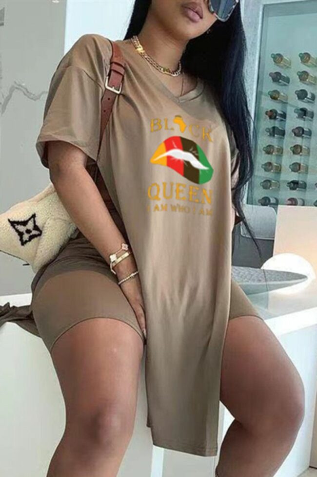 Fashion Casual Letter Lips Printed Slit V Neck Short Sleeve Two Pieces