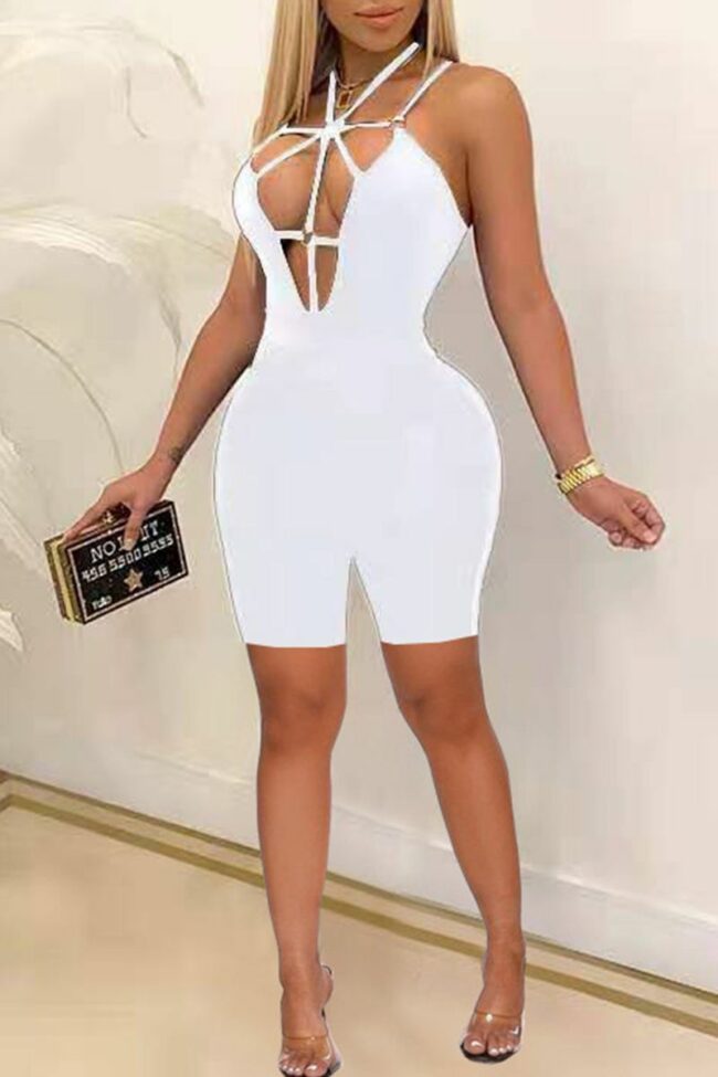 Fashion Sexy Solid Hollowed Out Backless Spaghetti Strap Skinny Romper